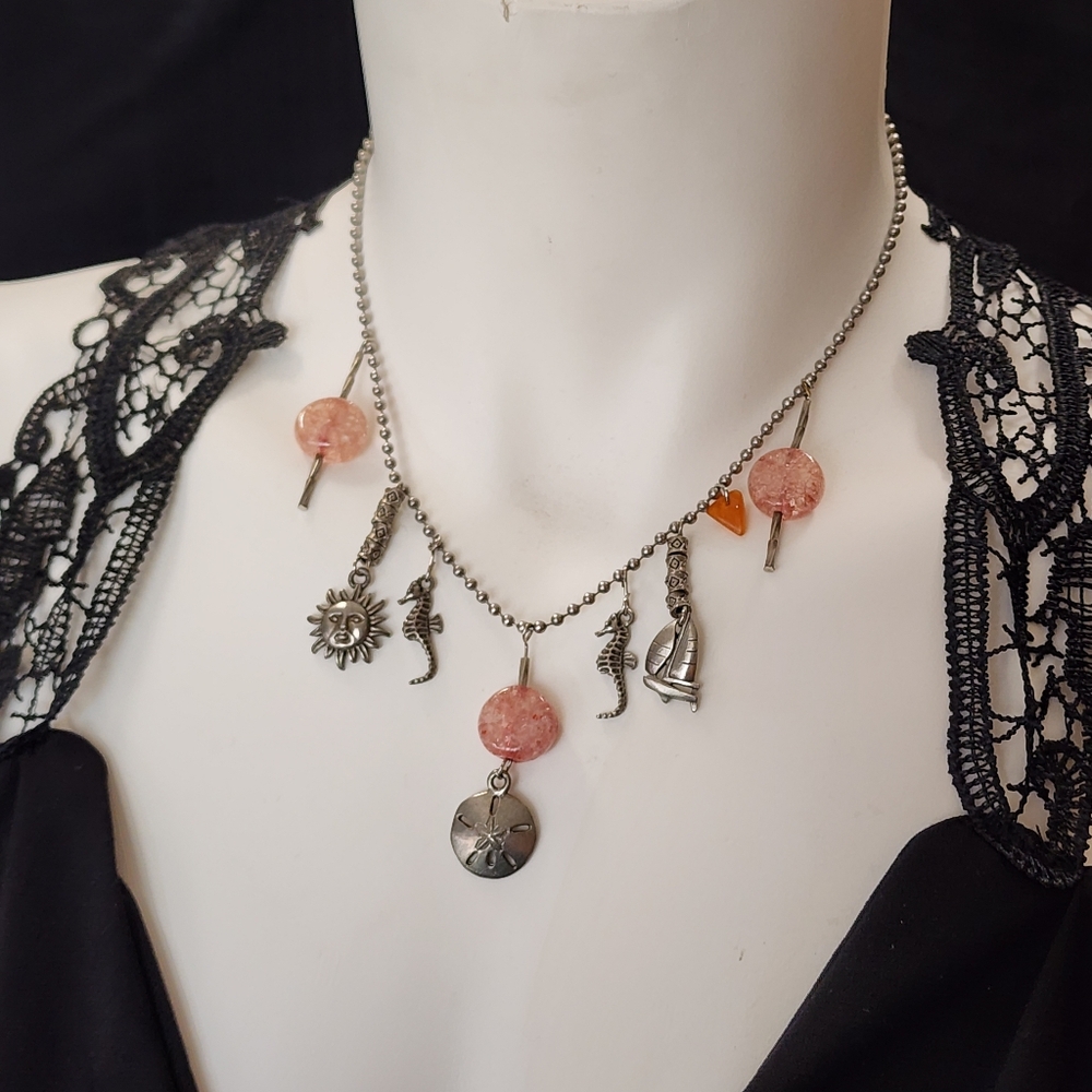 Vtg Silver Toned Charm Necklace with Beachy Coastal Charms & Pink Glass Accents